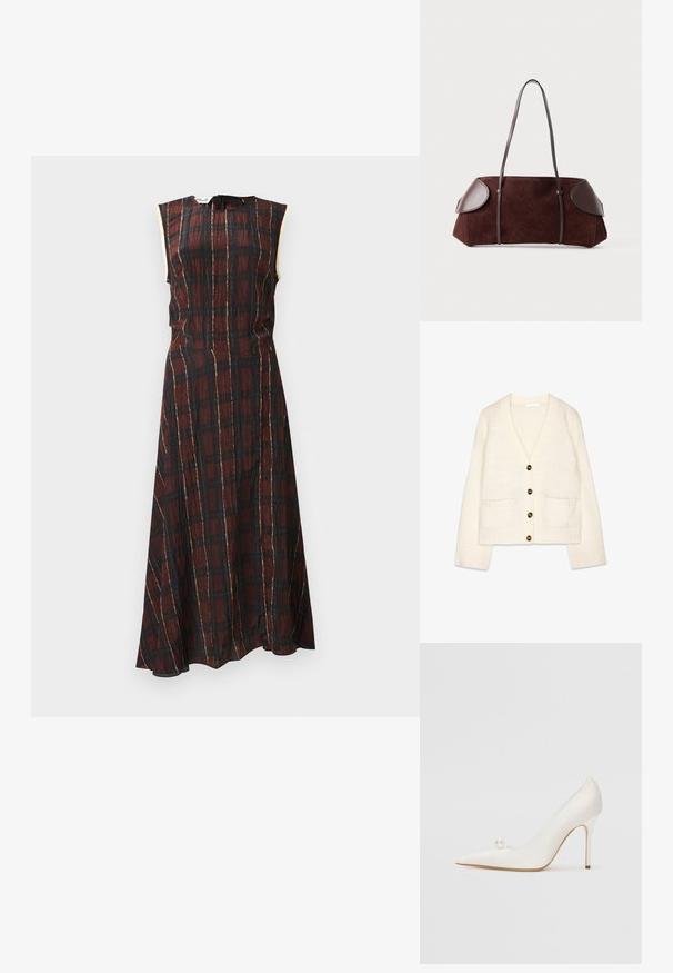 Slonovinový pletený kardigán s hlbokým výstrihom do V, piatimi hnedými gombíkmi a dvomi prednými vreckami. Hladké manžety a lem dodávajú textúru.; Bezramenné šaty s kockovaným vzorom v tmavočervenej a čiernej farbe, s použitím zlatých akcentov, priliehavým telom a voľnou sukňou s bočným rozparkom.; Biele pútavé lodičky s lesklým povrchom, s dekoratívnym perlovým akcentom na boku a štíhlou stiletto pätou.; Hnedá semišová taška s koženými akcentmi, štruktúrovaný tvar, dvojité ramenné popruhy a zaoblené okraje, s hladkou textúrou a minimálnym hardvérom.