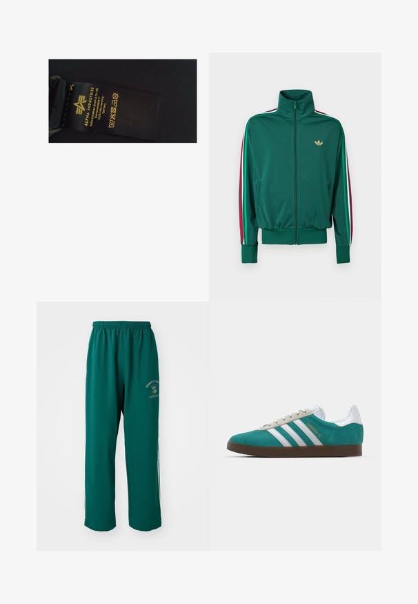 Zelena jakna na patentni zatvarač s visokim ovratnikom, teksturiranim tkanjem, elastičnim manžetama i okomitim prugama u crvenoj, bijeloj i zelenoj boji na rukavima. Zlatni logo na grudima.; Crna etiketa za njegu tkanine sa žutim tekstom na kojem su prikazani naziv marke "Alpha Industries", upute za njegu i podaci o proizvodnji.; Zelene atletske hlače od glatkog materijala, s elastičnom trakom oko struka, otisnutim logotipom s jedne strane i bijelim bočnim trakama. Regular fit.; adidas Originals ADIDAS GAZELLE SHOES - Dvoranske nogometne kopačke - liverpool fc/sea green/footwear white