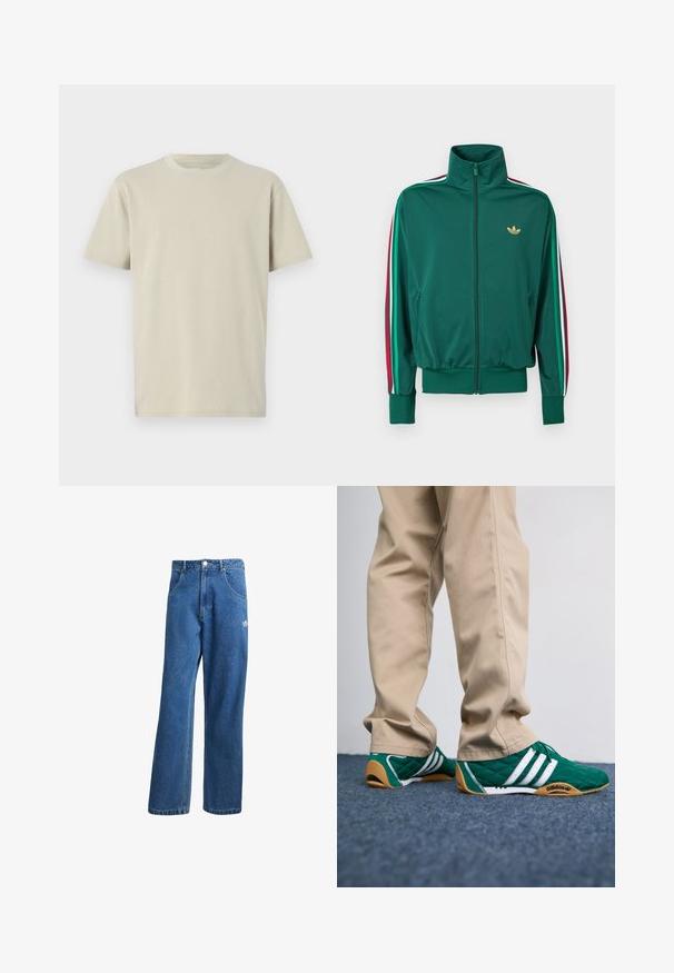 Veste zippée verte avec col montant, tissu texturé, poignets élastiques et bandes verticales rouges, blanches et vertes sur les manches. Logo doré sur la poitrine.; T-shirt en coton beige avec un col rond, des manches courtes et un design simple. Le tissu semble lisse, sans motifs ni accents visibles.; Jean en denim bleu taille haute, jambes larges, avec poches avant, passants de ceinture, fermeture à bouton et petit logo Adidas sur la cuisse droite.; Baskets vertes matelassées avec des rayures blanches et des semelles en caoutchouc marron, associées à un pantalon beige. Le design présente un profil bas et un matériau texturé.