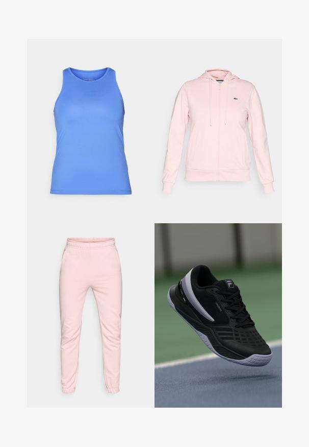Lys rosa zip-up hettegenser laget av mykt stoff, med hette, snor, to frontlommer og en liten grønn logo på venstre bryst.; Blå sports tank topp med en glatt tekstur, rund halslinje og en litt tettsittende fasong. Den har en subtil logo på forsiden.; Lys rosa joggebukser laget av myk stoff, med elastisk midje, smalere ben og elastiske mansjetter ved anklene. To sidelommer.; Svart treningssko med teksturert mesh-overdel, kontrasterende hvite detaljer og en slitesterk gummisåle, designet for ytelse og komfort.