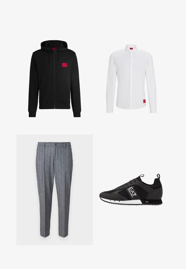 Svart zip-up huvtröja gjord av mjukt tyg, med en röd rektangulär logotyp på vänster bröst och dragsko i huvan.; Vit långärmad skjorta med knappkrage, med en röd logotyp på sidan och en slät, jämn textur.; Grå ullblandade byxor med en randig mönster, som har knappstängning, rak passform och ankel-lång design.; EA7 Emporio Armani Sneakers - black/white