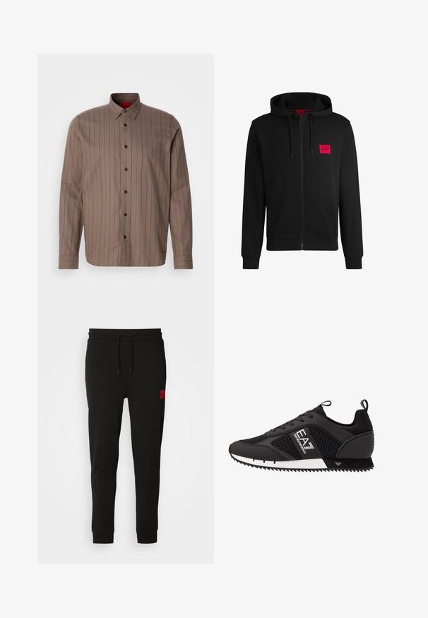 Fekete zipzáras kapucnis pulóver, puha anyagból készült, bal mellen piros téglalap alakú logóval és állítható kapucnival.; Barna gombos ing függőleges sötétvörös csíkokkal, pamut keverék anyagból, hegyes gallérral, hosszú ujjakkal és fekete gombokkal.; Fekete melegítőnadrág puha anyagból, húzózsinóros derékkal, slim fit kialakítással, és egy piros logóval a bal combon.; EA7 Emporio Armani LACES UNISEX - Sportcipő - black/white