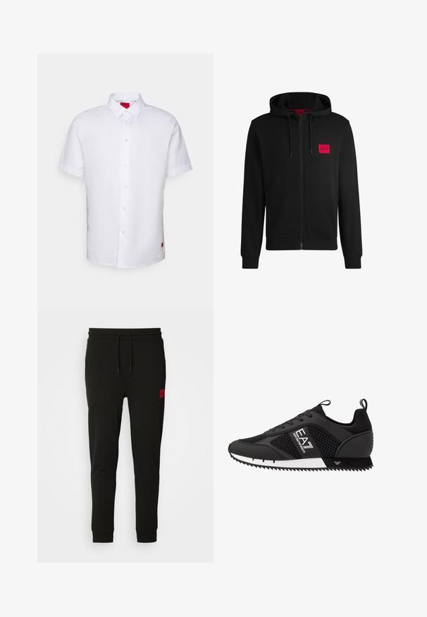 Mustmust sinine kapuutsiga ja pehme kangaga, millel on vasakul rinnal punane ristkülikukujuline logo ja nööriga kapuuts.; Lühikeste varrukatega valge puuvillane särk, millel on nööpidega ettepoole sulgev osa, terav krae ja küljes väike punane silt.; Musta trenningpükste komplekt, mis on valmistatud pehmest kangast, jooned paisutamiseks, kitsas lõige ja punane logopatch vasakul reiel.; EA7 Emporio Armani Tossud - black/white
