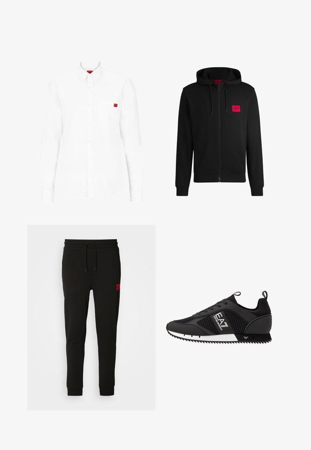 Čierna mikina na zips vyrobená z mäkkej látky, s červeným obdĺžnikovým logom na ľavej hrudi a sťahovacou kapucňou.; Biela košeľa s dlhým rukávom vyrobená z bavlny, s golierom na gombíky, prednou vreckom a malou červenou nášivkou na hrudi.; Čierne tepláky vyrobené z mäkkého materiálu, s nastaviteľným pásom, slim fit strihom a červeným logom na ľavom stehne.; EA7 Emporio Armani LACES UNISEX - Tenisky - black/white
