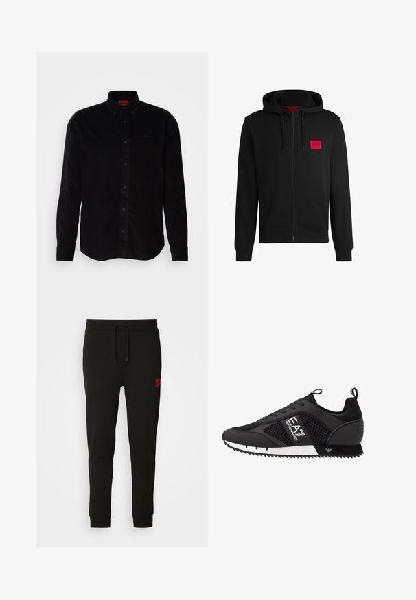 Juodas zip-up hoodie, pagamintas iš minkštos medžiagos, su raudonu stačiakampiu logotipo emblema kairiajame krūtinės šone ir su reguliuojama kapuce.; Juodas kordojo marškiniai su ilgomis rankovėmis, mygtukų užsegimu ir subtiliu logotipu išsiuvinėtu ant krūtinės. Klasikinis siluetas su tekstūruota paviršiaus struktūra.; Juodos sportinės kelnės, pagamintos iš minkštos medžiagos, su raišteliu juosmens srityje, siaura fasonu ir raudonu logotipo ženkleliu kairėje šlaunyje.; EA7 Emporio Armani Sportbačiai - black/white