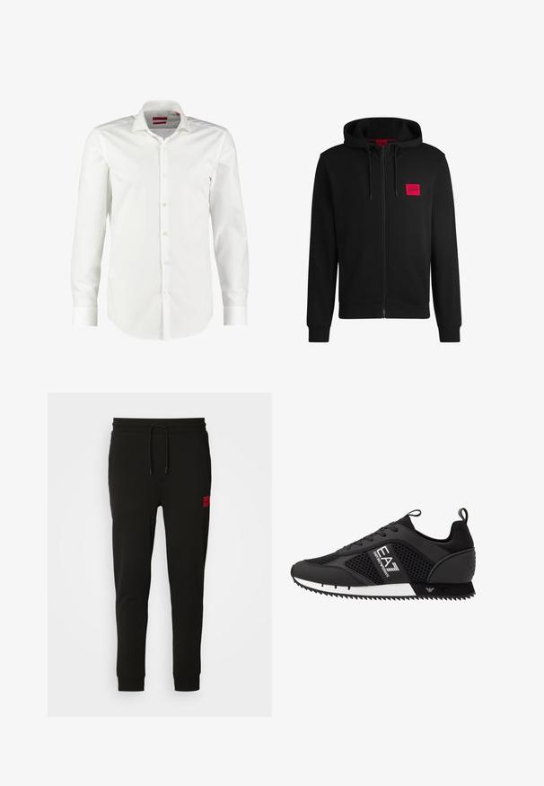 Sort zip-hoodie lavet af blødt stof, med et rødt rektangulært logo patch på venstre bryst og hætte med snore.; Hvid langærmet skjorte med knapper lavet af glat bomuldsstof. Har en klassisk krave, ren frontplacket og knapmanschetter.; Sorte sweatpants lavet af blødt stof, med elastik i taljen, slim fit og et rødt logo-patch på venstre lår.; EA7 Emporio Armani Sneakers - black/white