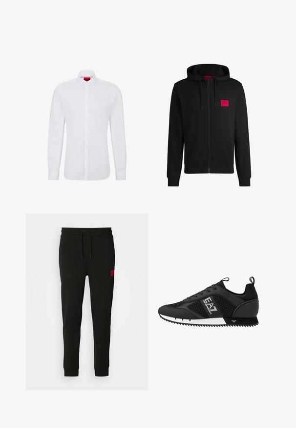 Juodas zip-up hoodie, pagamintas iš minkštos medžiagos, su raudonu stačiakampiu logotipo emblema kairiajame krūtinės šone ir su reguliuojama kapuce.; Balta ilga rankovė marškiniai pagaminti iš medvilnės, su mygtukų užsegimu, klasikinis apykaklė ir subtili tekstūra, su raudonu logotipu vidinėje apykaklės pusėje.; Juodos sportinės kelnės, pagamintos iš minkštos medžiagos, su raišteliu juosmens srityje, siaura fasonu ir raudonu logotipo ženkleliu kairėje šlaunyje.; EA7 Emporio Armani LACES UNISEX - Sportbačiai - black/white