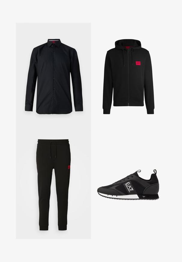 Sudadera negra con cremallera hecha de un tejido suave, con un parche rectangular rojo en el lado izquierdo del pecho y capucha con cordón.; Camisa negra de manga larga hecha de tela suave. Presenta un cierre frontal con botones, cuello clásico y costuras sutiles. Puños reforzados.; Pantalones de chándal negros hechos de tela suave, con cintura ajustable con cordón, corte slim y un parche de logo rojo en el muslo izquierdo.; EA7 Emporio Armani LACES UNISEX - Zapatillas - black/white