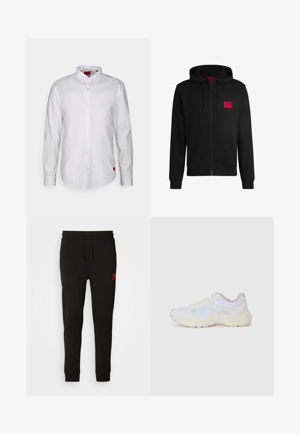 Svart hettejakke med glidelås laget av myk stoff, med et rødt rektangulært logo merke på venstre bryst og snorhette.; Hvit langermet skjorte med krage og knapper, laget av lett stoff. Har et subtilt merke i rødt på nedre side.; Sorte joggebukser laget av myk stoff, med snor i midjen, slim fit, og en rød logo-pute på venstre lår.; Hvit idrettssko laget av mesh og skinn, med en teksturert mellomsåle, teksturerte detaljer og "HUGO"-logo på siden.