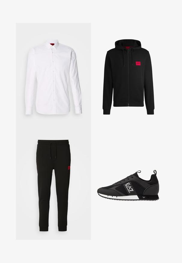 Mustapintainen vetoketjuhuppari, joka on valmistettu pehmeästä kankaasta. Vasemmassa rinnassa on punainen suorakulmainen logopatja ja siinä on kiristettävä huppu.; Valkoinen pitkähihaisen napitettava paita, jossa on klassinen kaulus, etupaneeli napilla ja sileä puuvillakangas.; Mustat collegehousut, jotka on valmistettu pehmeästä kankaasta, jossa on nyörikiinnitys vyötäröllä, slim fit -malli ja punainen logopatchi vasemmassa reidessä.; EA7 Emporio Armani LACES UNISEX - Matalavartiset tennarit - black/white