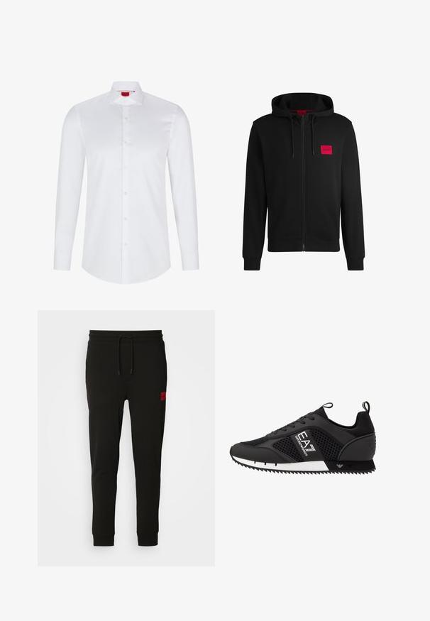 Čierna mikina na zips vyrobená z mäkkej látky, s červeným obdĺžnikovým logom na ľavej hrudi a sťahovacou kapucňou.; Biela košeľa s dlhým rukávom na gombíky vyrobená z hladkej bavlny. Má klasický golier, plnú gombíkovú légou a zaoblený lem.; Čierne tepláky vyrobené z mäkkého materiálu, s nastaviteľným pásom, slim fit strihom a červeným logom na ľavom stehne.; EA7 Emporio Armani LACES UNISEX - Tenisky - black/white