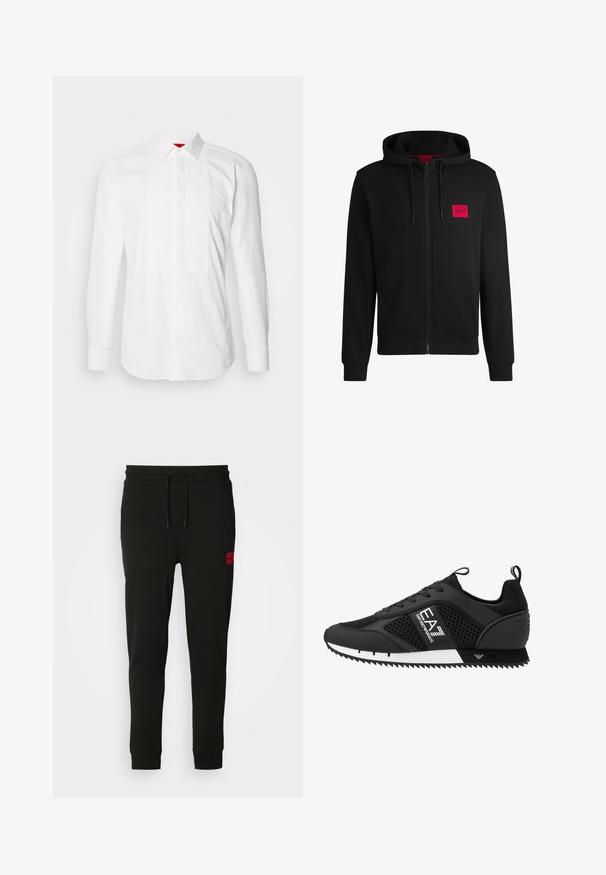 Mustmust sinine kapuutsiga ja pehme kangaga, millel on vasakul rinnal punane ristkülikukujuline logo ja nööriga kapuuts.; Valge pikakäteline puuvillane särk, millel on esineplaat vertikaalsete volangidega. Klassikaline krae ja nööbikätised. Sile tekstuur.; Musta trenningpükste komplekt, mis on valmistatud pehmest kangast, jooned paisutamiseks, kitsas lõige ja punane logopatch vasakul reiel.; EA7 Emporio Armani Tossud - black/white