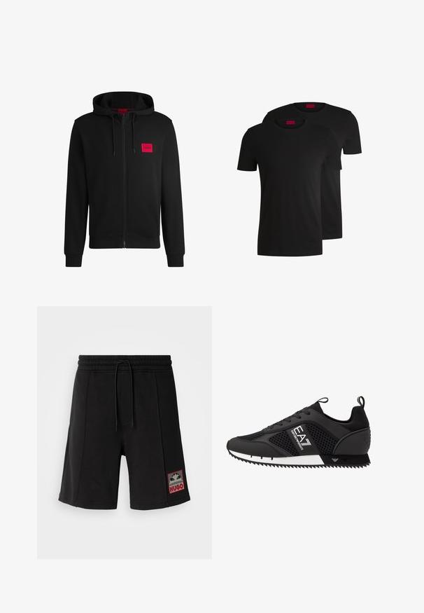 Czarny rozpinany hoodie wykonany z miękkiego materiału, z czerwoną prostokątną naszywką logo na lewej piersi i kapturem ze sznurkiem.; Dwie czarne bawełniane koszulki z krótkim rękawem i okrągłym dekoltem. Obie mają czerwoną metkę marki przy dekolcie. Prosty, klasyczny design.; HUGO DEXEY czarny; EA7 Emporio Armani BLACK&WHITE LACES czarny