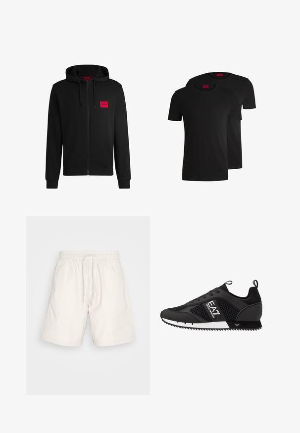 Hoodie zippé noir en tissu doux, avec un patch logo rectangulaire rouge sur la poitrine gauche et une capuche avec cordon de serrage.; Deux t-shirts en coton noirs à manches courtes et col rond. Tous deux présentent une étiquette de marque rouge au niveau du cou. Design simple et classique.; Shorts beige clair en tissu doux et léger. Comprend une taille élastique avec cordon de serrage et des poches latérales.; EA7 Emporio Armani Baskets basses - black/white