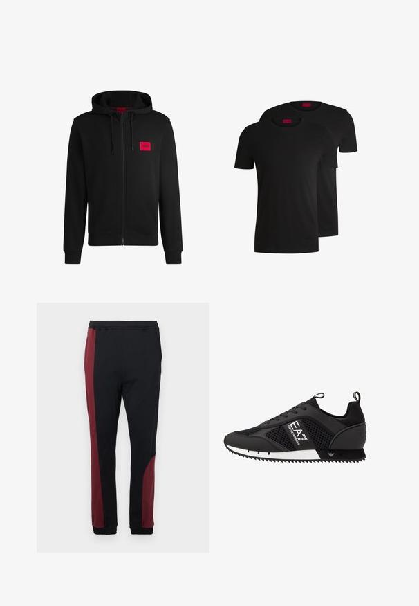 Svart hettejakke med glidelås laget av myk stoff, med et rødt rektangulært logo merke på venstre bryst og snorhette.; To svarte bomull t-skjorter med korte ermer og rund hals. Begge har en rød merkeetikett ved halsen. Enkel, klassisk design.; Svarte joggebukser med burgunder farge på sidene, elastisk midje og mansjetter. Laget av et glatt og elastisk stoff for komfort.; EA7 Emporio Armani LACES UNISEX - Joggesko - black/white