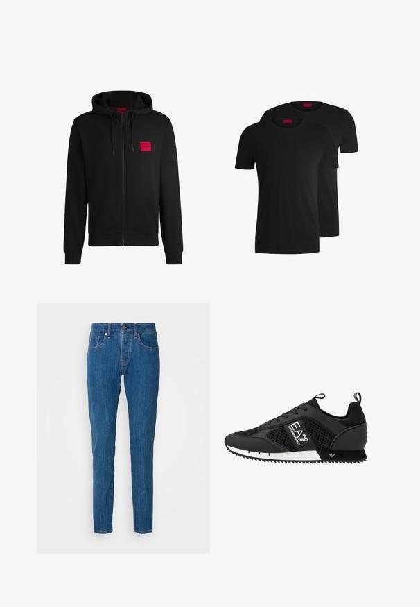Svart zip-up huvtröja gjord av mjukt tyg, med en röd rektangulär logotyp på vänster bröst och dragsko i huvan.; Två svarta bomull t-shirts med korta ärmar och rund halsringning. Båda har en röd varumärkesetikett vid halsen. Enkelt, klassiskt design.; Blå raka jeans i denim, med en standard femficksdesign, knappgylf och subtila blekningar längs benen.; EA7 Emporio Armani Sneakers - black/white