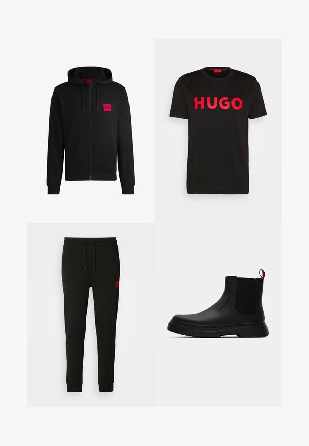 Hanorac negru cu fermoar, fabricat dintr-un material moale, cu un patch rectangular roșu pe pieptul stâng și glugă cu șnur.; Tricou din bumbac negru, cu text „HUGO” îndrăzneț roșu pe față, mâneci scurte, decolteu rotund și o croială lejeră.; Pantaloni de trening negri, confecționați dintr-un material moale, cu talie ajustabilă prin șnur, croi slim și un logo roșu pe coapsa stângă.; Botine negre până la gleznă, cu un finisaj neted, panouri laterale elastice și un tab de prindere roșu contrastant, având o talpă groasă din cauciuc și vârf rotunjit.