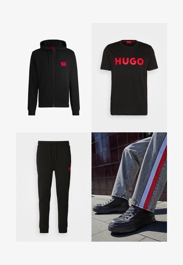 Sudadera negra con cremallera hecha de un tejido suave, con un parche rectangular rojo en el lado izquierdo del pecho y capucha con cordón.; Camiseta de algodón negra con el text bold rojo "HUGO" en la parte frontal, mangas cortas, cuello redondo y un corte relajado.; Pantalones de chándal negros hechos de tela suave, con cintura ajustable con cordón, corte slim y un parche de logo rojo en el muslo izquierdo.; Zapatillas altas negras con paneles de malla y suelas de goma gruesa, combinadas con jeans grises con rayas laterales rojas y blancas.