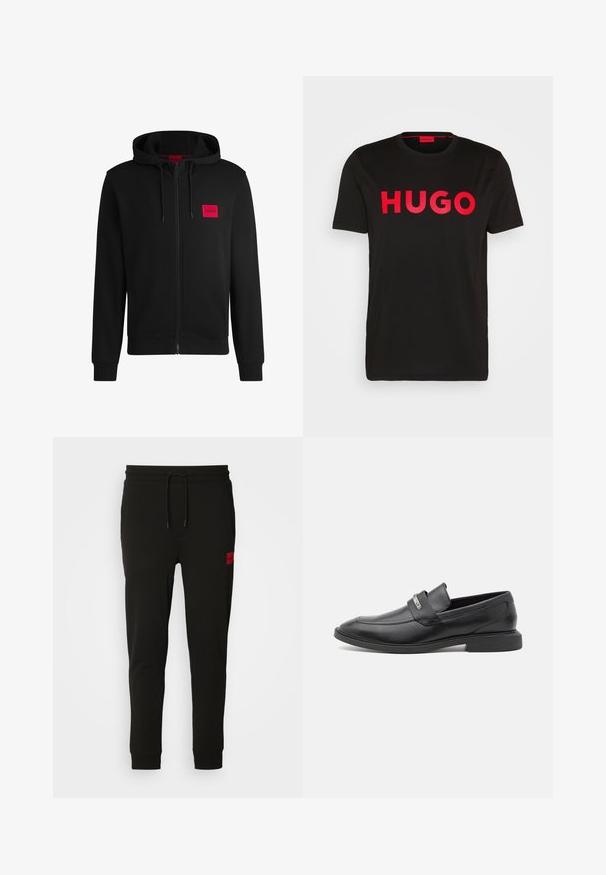 Zwarte zip-up hoodie van zacht materiaal, met een rood rechthoekig logo patch op de linkerborst en een verstelbare capuchon.; Zwarte katoenen T-shirt met op de voorkant gedurfde rode "HUGO" tekst, korte mouwen, ronde hals en een relaxte pasvorm.; Zwarte sweatpants van zacht stof, met een koord in de taille, een slim fit en een rood logopatch op de linker dij.; Zwarte leren instappers met een gladde afwerking, voorzien van een band over de wreef en een subtiele metalen accent. Lage rubberen zool.