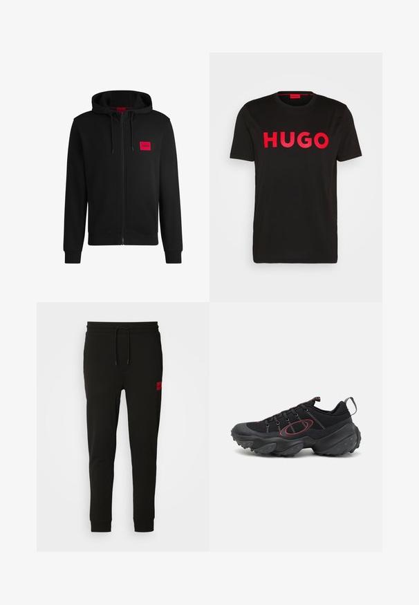 Fekete zipzáras kapucnis pulóver, puha anyagból készült, bal mellen piros téglalap alakú logóval és állítható kapucnival.; Fekete pamut póló, elöl feltűnő piros "HUGO" felirattal, rövid ujjal, kerek nyakkivágással és laza szabással.; Fekete melegítőnadrág puha anyagból, húzózsinóros derékkal, slim fit kialakítással, és egy piros logóval a bal combon.; Fekete sportcipők textúrált hálós felsőrészsel, kontrasztos piros részletekkel és vaskos, lekerekített taposófelülettel ellátott gumitalppal.