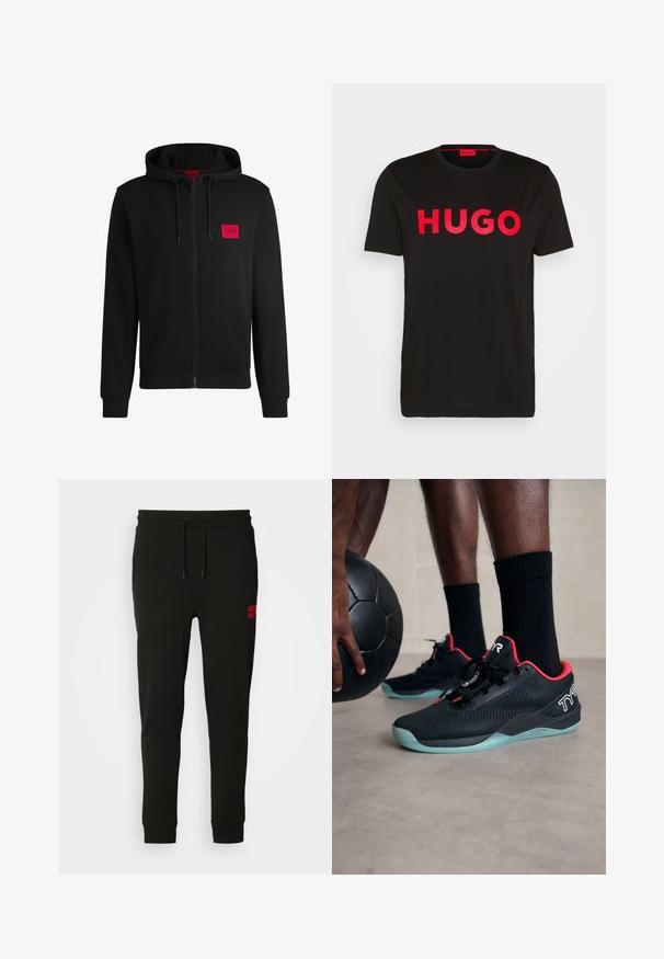 Hoodie zippé noir en tissu doux, avec un patch logo rectangulaire rouge sur la poitrine gauche et une capuche avec cordon de serrage.; T-shirt en coton noir avec le texte "HUGO" en rouge vif sur le devant, manches courtes, col rond et coupe décontractée.; Pantalons de survêtement noirs en tissu doux, avec une taille à cordon, coupe slim et un patch logo rouge sur la cuisse gauche.; Baskets de sport noires avec accents rouges, tige en mesh, design lacé et semelle translucide bleu clair, aux côtés d'un ballon noir.