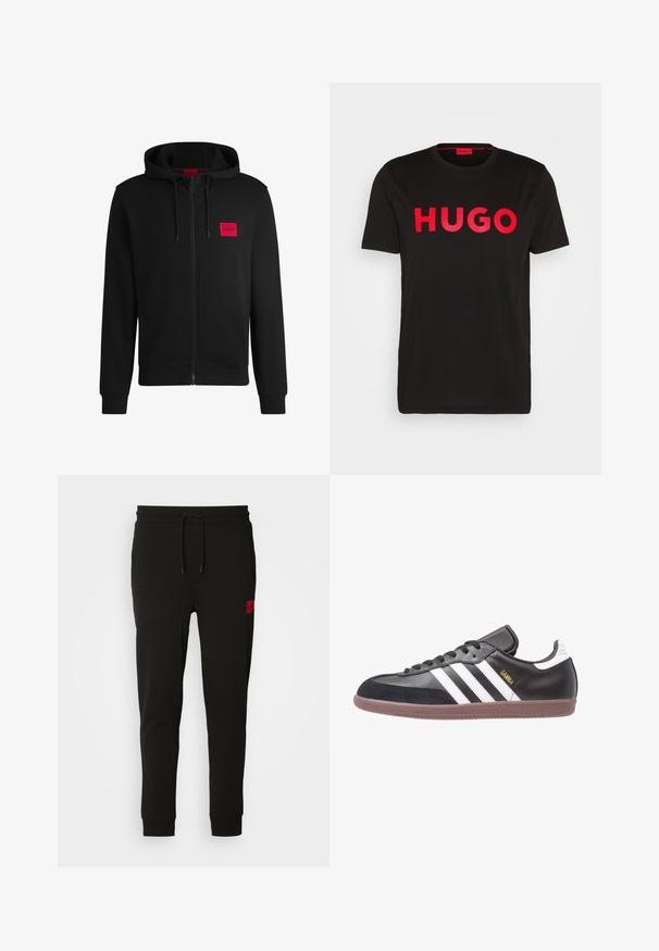 Schwarze Zip-Hoodie aus weichem Stoff, mit einem roten rechteckigen Logo-Patch auf der linken Brust und Kapuze mit Kordelzug.; Schwarzes Baumwoll-T-Shirt mit fettem roten "HUGO"-Schriftzug auf der Vorderseite, kurzen Ärmeln, rundem Ausschnitt und lässiger Passform.; Schwarze Sweatpants aus weichem Stoff, mit einem Kordelzugbund, schmaler Passform und einem rotenLOGO-Patch am linken Oberschenkel.; Schwarze Ledersneaker mit weißen Streifen und goldener "Samba"-Logo, ausgestattet mit einer Velourszehenkappe und brauner Gummisohle. Klassisches Low-Top-Design.