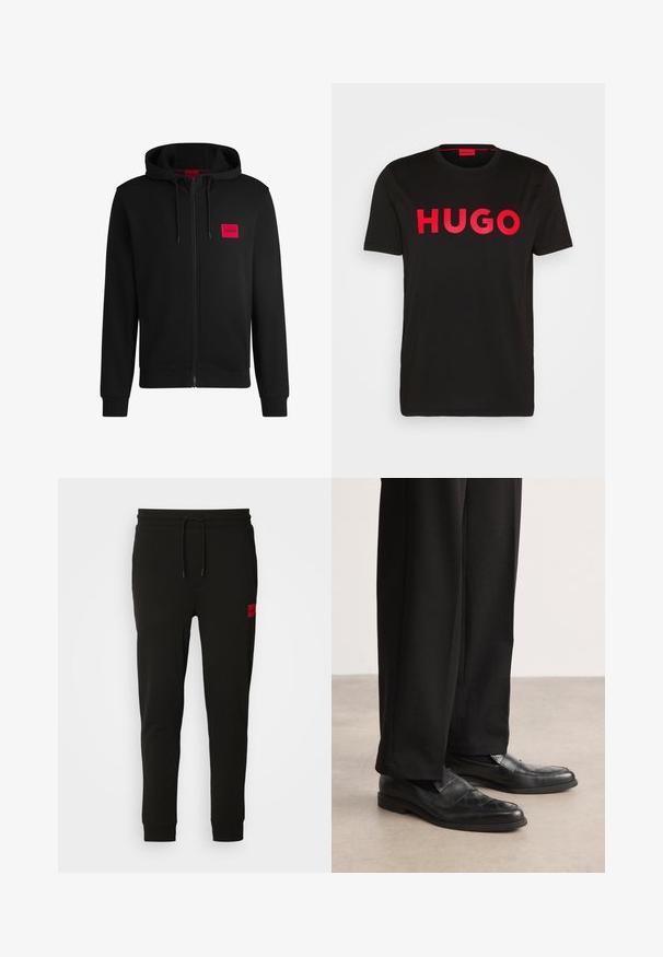 Fekete zipzáras kapucnis pulóver, puha anyagból készült, bal mellen piros téglalap alakú logóval és állítható kapucnival.; Fekete pamut póló, elöl feltűnő piros "HUGO" felirattal, rövid ujjal, kerek nyakkivágással és laza szabással.; Fekete melegítőnadrág puha anyagból, húzózsinóros derékkal, slim fit kialakítással, és egy piros logóval a bal combon.; Fekete bőr loaferek, texturált hexagonális mintával, alacsony profilúak és sima felületűek. Fekete, szabott nadrággal párosítva.