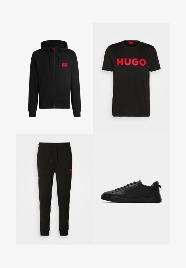 Sudadera negra con cremallera hecha de un tejido suave, con un parche rectangular rojo en el lado izquierdo del pecho y capucha con cordón.; Camiseta de algodón negra con el text bold rojo "HUGO" en la parte frontal, mangas cortas, cuello redondo y un corte relajado.; Pantalones de chándal negros hechos de tela suave, con cintura ajustable con cordón, corte slim y un parche de logo rojo en el muslo izquierdo.; HUGO BLAKE - Zapatillas - black