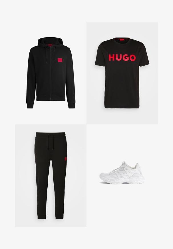 Black zip-up hoodie made of soft fabric, featuring a red rectangular logo patch on the left chest and drawstring hood.; Black cotton t-shirt featuring bold red "HUGO" text on the front, short sleeves, round neckline, and a relaxed fit.; Black sweatpants made of soft fabric, featuring a drawstring waist, slim fit, and a red logo patch on the left thigh.; White sneaker with a textured mesh upper, synthetic overlays, and a thick, contoured sole. Features a lace-up design and pull tab.