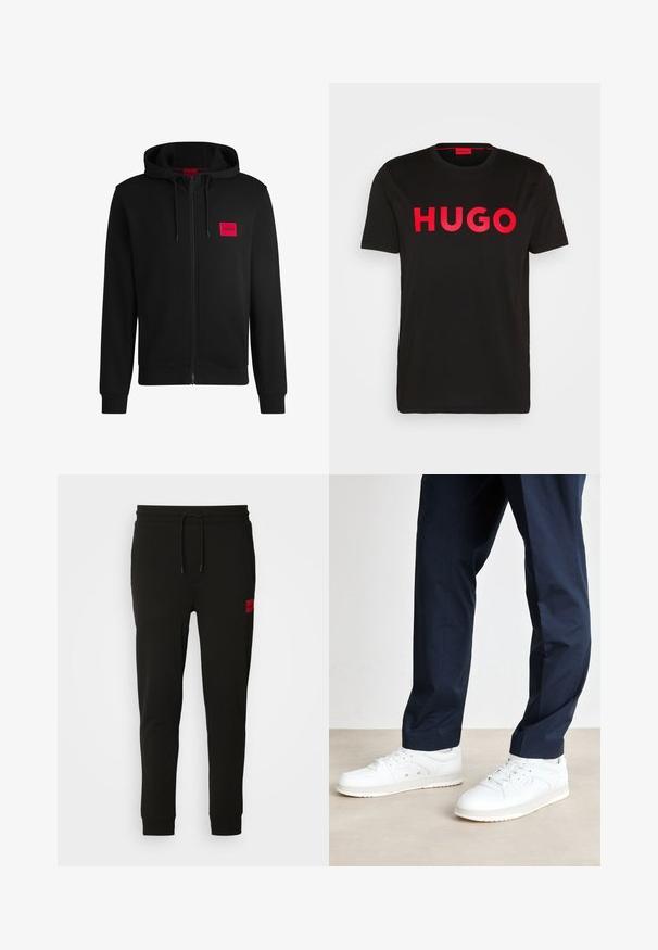 Schwarze Zip-Hoodie aus weichem Stoff, mit einem roten rechteckigen Logo-Patch auf der linken Brust und Kapuze mit Kordelzug.; Schwarzes Baumwoll-T-Shirt mit fettem roten "HUGO"-Schriftzug auf der Vorderseite, kurzen Ärmeln, rundem Ausschnitt und lässiger Passform.; Schwarze Sweatpants aus weichem Stoff, mit einem Kordelzugbund, schmaler Passform und einem rotenLOGO-Patch am linken Oberschenkel.; Weiße Sneaker mit perforierten Details an der Spitze und an der Seite, kombiniert mit navyfarbenen Hosen, vor einem neutralen Bodenhintergrund.