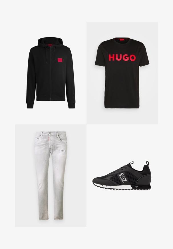 Sudadera negra con cremallera hecha de un tejido suave, con un parche rectangular rojo en el lado izquierdo del pecho y capucha con cordón.; Camiseta de algodón negra con el text bold rojo "HUGO" en la parte frontal, mangas cortas, cuello redondo y un corte relajado.; Jeans de mezclilla gris claro con detalles desgastados, diseño de pierna recta y estilo clásico de cinco bolsillos, con un parche de marca en la cinturilla.; EA7 Emporio Armani LACES UNISEX - Zapatillas - black/white
