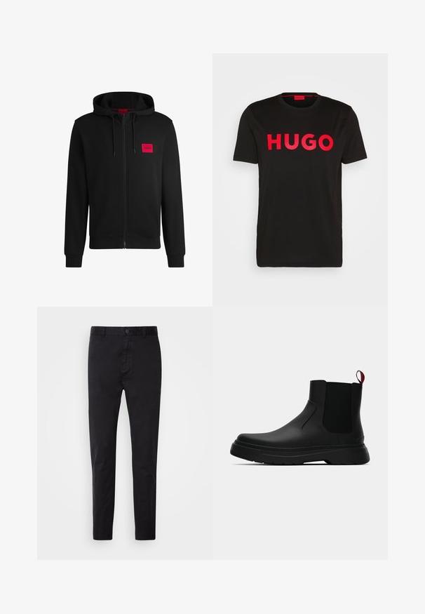 Czarny rozpinany hoodie wykonany z miękkiego materiału, z czerwoną prostokątną naszywką logo na lewej piersi i kapturem ze sznurkiem.; Czarna bawełniana koszulka z odważnym czerwonym napisem "HUGO" z przodu, krótkie rękawy, okrągły dekolt oraz luźny krój.; Czarne chinosy o gładkiej fakturze, z zapięciem na guziki i zwężanym krojem. Idealne na codzienne lub półformalna okazje.; Czarny botek za kostkę o gładkim wykończeniu, z elastycznymi bocznymi panelami i kontrastującą czerwoną pętelką, z grubą gumową podeszwą i zaokrąglonym noskiem.