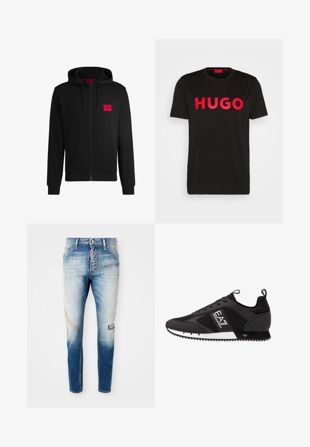 Black zip-up hoodie made of soft fabric, featuring a red rectangular logo patch on the left chest and drawstring hood.; Black cotton t-shirt featuring bold red "HUGO" text on the front, short sleeves, round neckline, and a relaxed fit.; Light blue faded skinny jeans with a small tear on the right thigh and a red brand tag near the front zipper.; EA7 Emporio Armani LACES UNISEX - Trainers - black/white