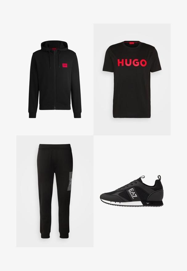 Black zip-up hoodie made of soft fabric, featuring a red rectangular logo patch on the left chest and drawstring hood.; Black cotton t-shirt featuring bold red "HUGO" text on the front, short sleeves, round neckline, and a relaxed fit.; Calvin Klein HORIZONTAL LOGO SWEATPANTS - Tracksuit bottoms - black; EA7 Emporio Armani Trainers - black/white