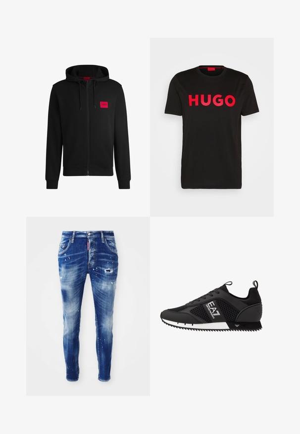 Black zip-up hoodie made of soft fabric, featuring a red rectangular logo patch on the left chest and drawstring hood.; Black cotton t-shirt featuring bold red "HUGO" text on the front, short sleeves, round neckline, and a relaxed fit.; Skinny fit blue denim jeans with faded wash, paint splatter detailing, distressed patches, and five-pocket design. Red brand label on waistband.; EA7 Emporio Armani LACES UNISEX - Trainers - black/white