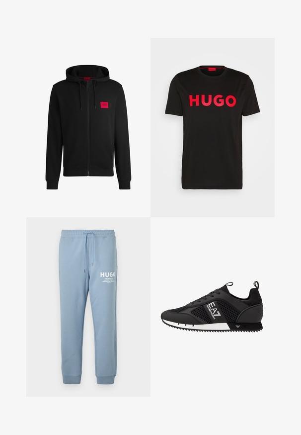 Svart hettejakke med glidelås laget av myk stoff, med et rødt rektangulært logo merke på venstre bryst og snorhette.; Svart bomull T-skjorte med fet rød "HUGO" tekst foran, korte ermer, rund hals og avslappet passform.; Lyseblå joggebukser laget av myk stoff, med elastisk midjebånd med snøring og hvit logotrykk på venstre lår.; EA7 Emporio Armani Joggesko - black/white