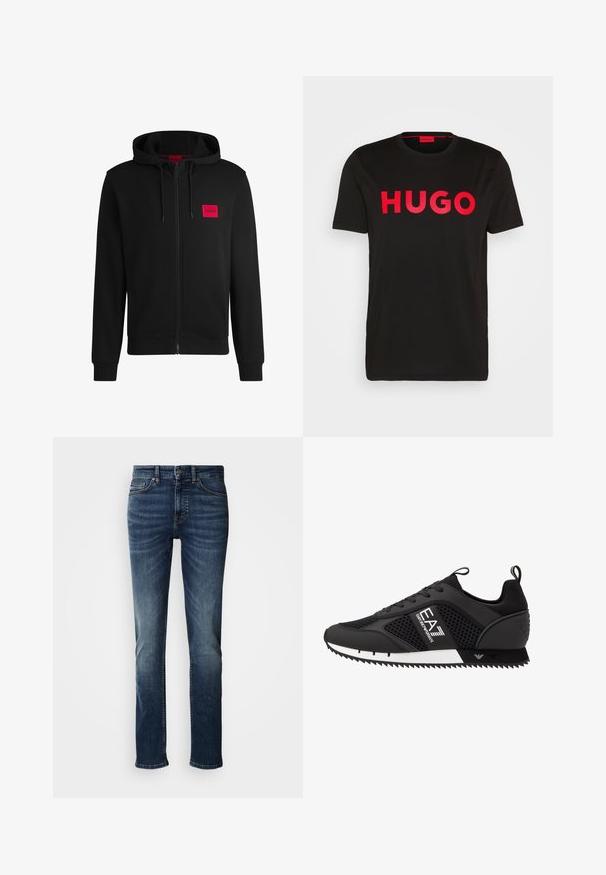 Sudadera negra con cremallera hecha de un tejido suave, con un parche rectangular rojo en el lado izquierdo del pecho y capucha con cordón.; Camiseta de algodón negra con el text bold rojo "HUGO" en la parte frontal, mangas cortas, cuello redondo y un corte relajado.; Jeans de mezclilla azul oscuro con un corte clásico de pierna recta, que cuentan con una pretina estándar, cierre con botón y un sutil desgaste a lo largo de los muslos.; EA7 Emporio Armani Zapatillas - black/white