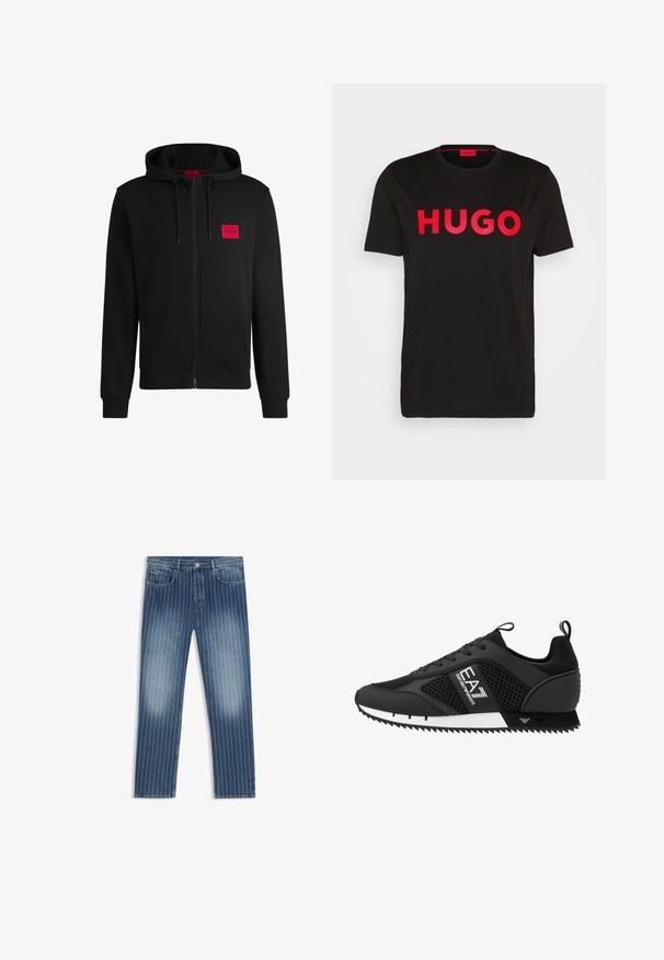 Crna zip-up dukserica napravljena od mekanog materijala, s crvenim pravokutnim logotipom na lijevoj strani prsnog koša i kapuljačom s vezicom.; Crna pamučna majica s istaknutim crvenim "HUGO" tekstom na prednjoj strani, kratkim rukavima, okruglim izrezom i opuštenim krojem.; Traperice s uzorkom prugica, srednje plave boje, s izblijedjelim dijelovima, ravnog kroja, s pet džepova i metalnim gumbom za zatvaranje.; EA7 Emporio Armani LACES UNISEX - Tenisice - black/white