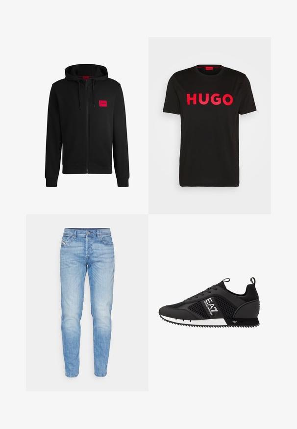 Moleton preto com fecho, feito de um tecido suave, apresentando um patch de logo retangular vermelho no lado esquerdo do peito e capuz com cordão.; T-shirt de algodão preto com o texto "HUGO" em vermelho intenso na parte da frente, mangas curtas, decote redondo e um corte relaxado.; Jeans de ganga azul claro com corte reto, apresentando um design clássico de cinco bolsos e leve desgaste na parte da frente.; EA7 Emporio Armani Sapatilhas - black/white