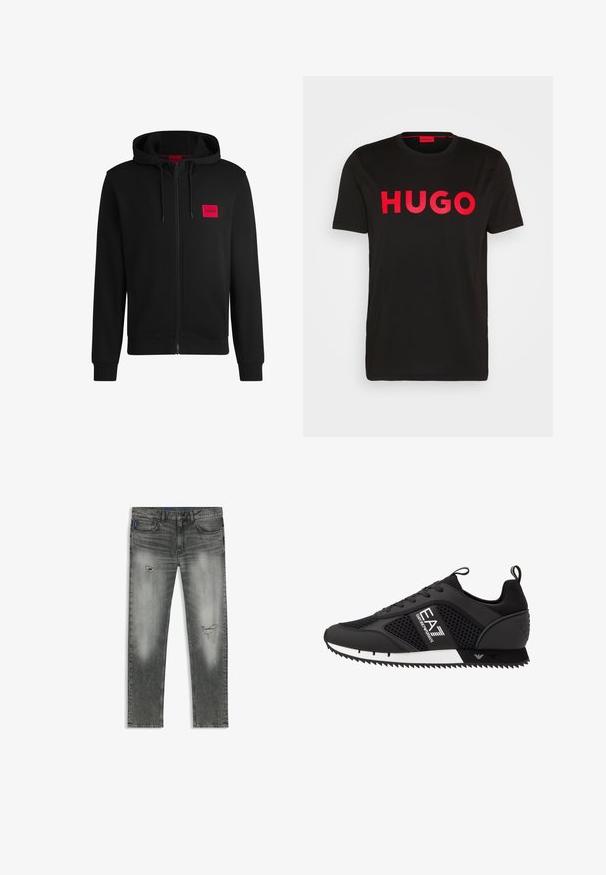 Felpa nera con zip realizzata in tessuto morbido, con un logo rettangolare rosso sul lato sinistro del petto e cappuccio con cordino.; T-shirt nera in cotone con il testo "HUGO" rosso audace sul davanti, maniche corte, scollo rotondo e vestibilità rilassata.; Jeans in denim grigio con una vestibilità a gamba dritta. Presentano toppe sfilacciate, sbiaditure sottili e design a cinque tasche. Vita cucita a sbieco.; EA7 Emporio Armani LACES UNISEX - Sneakers basse - black/white