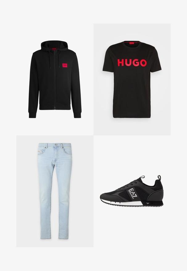 Czarny rozpinany hoodie wykonany z miękkiego materiału, z czerwoną prostokątną naszywką logo na lewej piersi i kapturem ze sznurkiem.; Czarna bawełniana koszulka z odważnym czerwonym napisem "HUGO" z przodu, krótkie rękawy, okrągły dekolt oraz luźny krój.; Jasnoniebieskie dżinsy o slim fit, z przednimi i tylnymi kieszeniami oraz niewielkimi przetarciami na materiale dla uzyskania faktury.; EA7 Emporio Armani UNISEX czarny