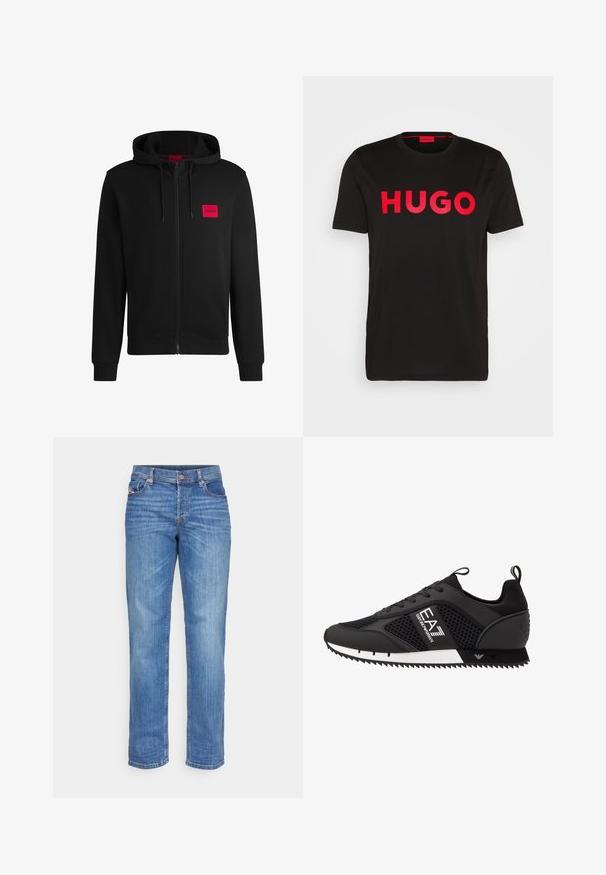 Mustmust sinine kapuutsiga ja pehme kangaga, millel on vasakul rinnal punane ristkülikukujuline logo ja nööriga kapuuts.; Must päikese must puuvillane T-särk, millel on esiosas julge punane "HUGO" tekst, lühikesed varrukad, ümar kaelus ja mugav lõige.; Heledad sinise denim püksid, sirge lõike ja viie taskuga disainiga. Esiküljel on nööpkinnitus ning kerge tuhmumine tekstuuri lisamiseks.; EA7 Emporio Armani LACES UNISEX - Tossud - black/white