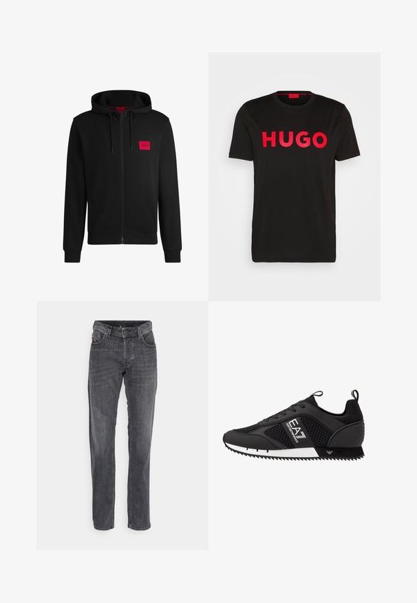 Sudadera negra con cremallera hecha de un tejido suave, con un parche rectangular rojo en el lado izquierdo del pecho y capucha con cordón.; Camiseta de algodón negra con el text bold rojo "HUGO" en la parte frontal, mangas cortas, cuello redondo y un corte relajado.; Diesel LARKEE - Vaqueros rectos - 02; EA7 Emporio Armani LACES UNISEX - Zapatillas - black/white