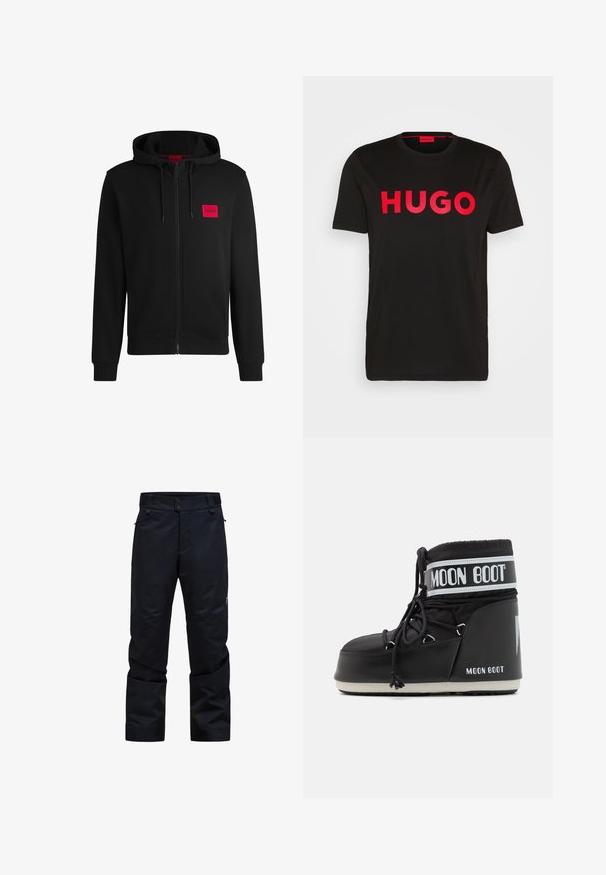 Čierna mikina na zips vyrobená z mäkkej látky, s červeným obdĺžnikovým logom na ľavej hrudi a sťahovacou kapucňou.; Čierne bavlnené tričko s výrazným červeným nápisom "HUGO" na prednej strane, krátke rukávy, okrúhly výstrih a voľný strih.; Čierne nepremokavé nohavice so strehnutým strihom, dvojitým zapínaním na gombík, vreckami so zipsom a nastaviteľným pásom. Obsahujú hladkú, odolnú textíliu.; Čierna Moon Boot s vypchatým zvrškom, zabezpečená šnúrkami a charakteristickým bielym pásikom s logom. Hrubá, textúrovaná gumová podrážka.