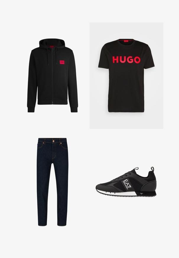 Svart zip-up huvtröja gjord av mjukt tyg, med en röd rektangulär logotyp på vänster bröst och dragsko i huvan.; Svart bomull t-shirt med djärv röd "HUGO" text framtill, korta ärmar, rund halsringning och en avslappnad passform.; Mörkblå denimjeans med slim fit, kontrasterande orange sömmar och klassisk knappstängning. Har framfickor och avsmalnande ben.; EA7 Emporio Armani Sneakers - black/white