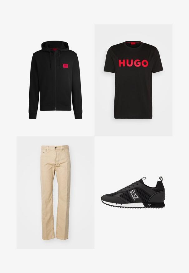 Hoodie zippé noir en tissu doux, avec un patch logo rectangulaire rouge sur la poitrine gauche et une capuche avec cordon de serrage.; T-shirt en coton noir avec le texte "HUGO" en rouge vif sur le devant, manches courtes, col rond et coupe décontractée.; Pantalon en coton beige avec une coupe droite, doté d'une fermeture à bouton, de passants pour ceinture et de poches avant. Texture lisse, couture minimale.; EA7 Emporio Armani Baskets basses - black/white