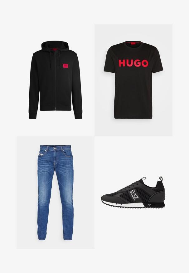 Crna zip-up dukserica napravljena od mekanog materijala, s crvenim pravokutnim logotipom na lijevoj strani prsnog koša i kapuljačom s vezicom.; Crna pamučna majica s istaknutim crvenim "HUGO" tekstom na prednjoj strani, kratkim rukavima, okruglim izrezom i opuštenim krojem.; Plave traperice s ravnim nogavicama, svijetli wash finish, pet džepova, kopčanje na dugme i narančasti šavovi.; EA7 Emporio Armani Tenisice - black/white