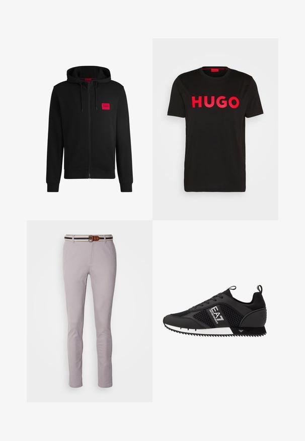 Sudadera negra con cremallera hecha de un tejido suave, con un parche rectangular rojo en el lado izquierdo del pecho y capucha con cordón.; Camiseta de algodón negra con el text bold rojo "HUGO" en la parte frontal, mangas cortas, cuello redondo y un corte relajado.; Pantalones gris claro de mezcla de algodón, con un corte ajustado, frente plano y un cinturón a rayas marrón y azul marino con hebilla rectangular.; EA7 Emporio Armani Zapatillas - black/white