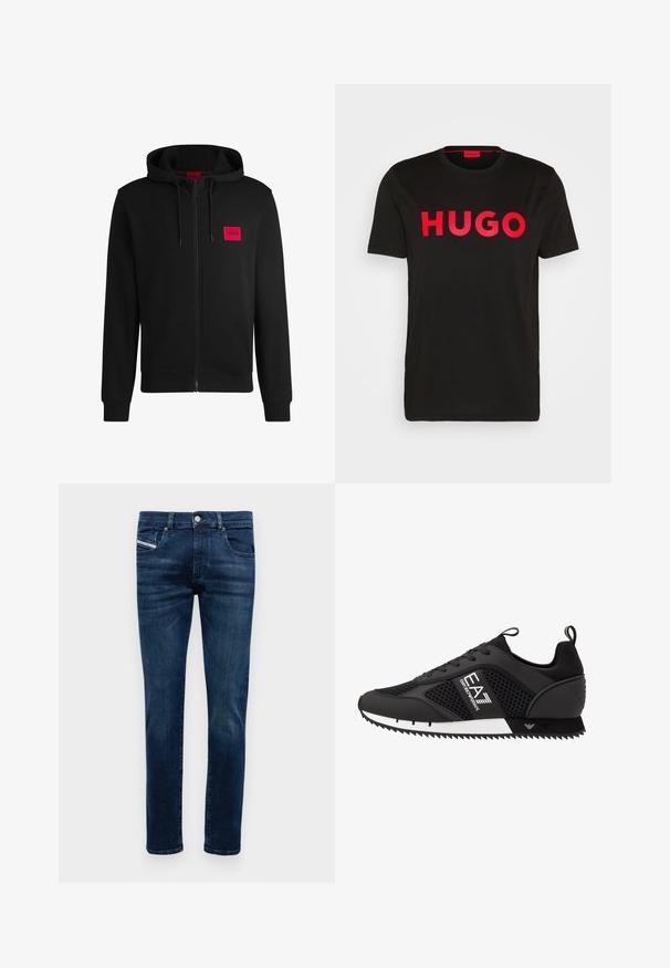 Μαύρο φούτερ με φερμουάρ φτιαγμένο από μαλακό ύφασμα, με κόκκινο ορθογώνιο λογότυπο στη αριστερή πλευρά του στήθους και κουκούλα με κορδόνι.; Μαύρο βαμβακερό μπλουζάκι με έντονο κόκκινο κείμενο "HUGO" μπροστά, κοντά μανίκια, στρογγυλή λαιμόκοψη και χαλαρή εφαρμογή.; Αντρικά σκούρα μπλε τζιν slim-fit με πέντε τσέπες, κλείσιμο με κουμπί και διακριτική ξεθωριασμένη λεπτομέρεια στους μηρούς και τα γόνατα.; EA7 Emporio Armani LACES UNISEX - Αθλητικά παπούτσια - black/white