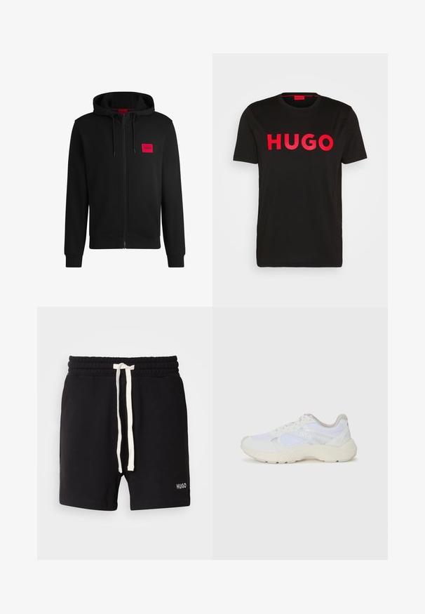 Moleton preto com fecho, feito de um tecido suave, apresentando um patch de logo retangular vermelho no lado esquerdo do peito e capuz com cordão.; T-shirt de algodão preto com o texto "HUGO" em vermelho intenso na parte da frente, mangas curtas, decote redondo e um corte relaxado.; Calções pretos de algodão com um cós elástico, apresentando um cordão creme e um pequeno logo branco "HUGO" na bainha.; Ténis brancos desportivos feitos de malha e camurça, com uma entressola texturizada, elementos texturizados e o logótipo "HUGO" na lateral.